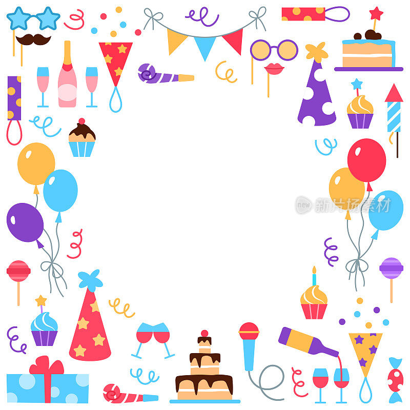 事件服务方形框架与圆形空间的文本。概念气球，蛋糕，白底松饼。平假日管理设计。生日聚会庆祝业务矢量插图。