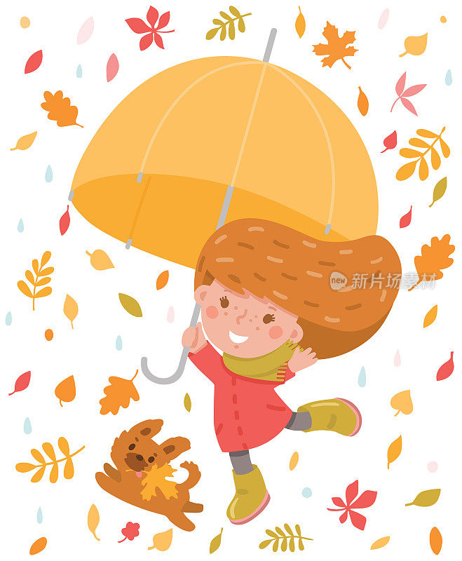 小女孩和她的狗在秋天的落叶中快乐地奔跑