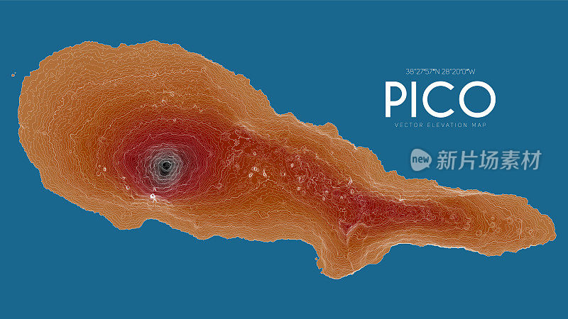 葡萄牙亚速尔群岛Pico的地形图。海岛矢量详细高程图。地理优美的山水轮廓海报。