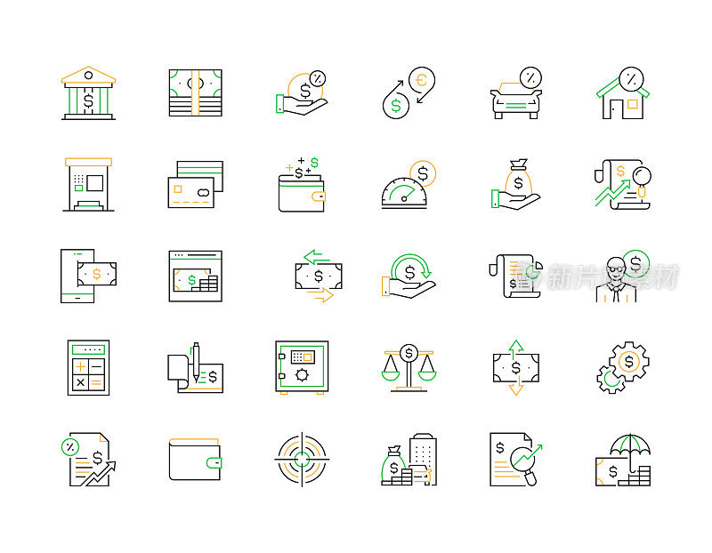 银行和金融相关的矢量细线图标。大纲符号集合