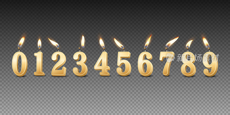 矢量3d现实石蜡或蜡燃烧金色生日派对蜡烛，数字和不同的火焰蜡烛图标集隔离。设计模板，剪贴画，生日概念