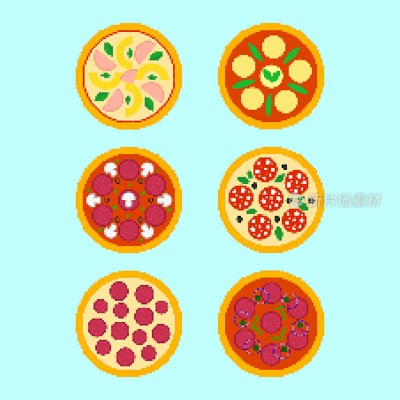 像素汉堡图标设置。8位披萨孤立。平面设计中的像素艺术快餐图标。复古风格的不同类型的披萨。模板菜单披萨店，自助餐厅，传单。矢量图