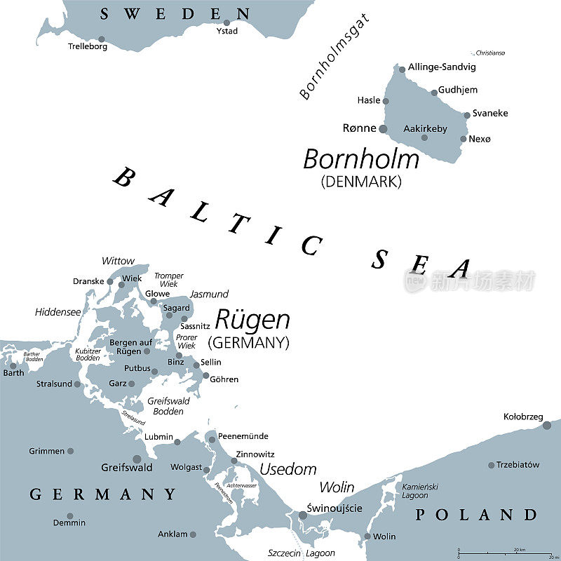 丹麦的博恩霍尔姆岛和德国最大的吕根岛，灰色的政治地图