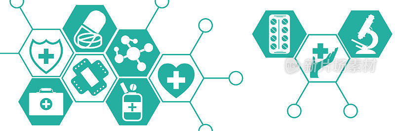 平面风格的远程医疗、保健和急救概念。医学图标设置在孤立的白色背景六边形。为web应用程序，演示文稿，打印的创意医学插图。