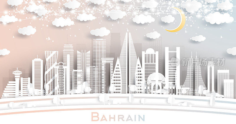 巴林城市天际线剪纸风格与白色建筑，月亮和霓虹花环。