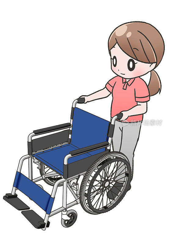 推着蓝色轮椅的女护士或护工