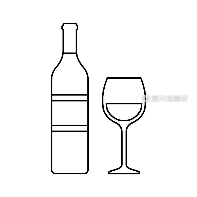 白酒瓶和玻璃杯。勾勒酒精饮料图标。矢量插图。