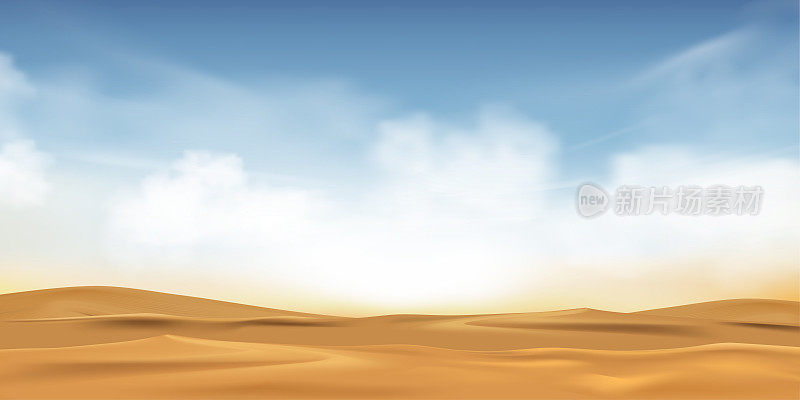 蓝天与蓬松的云和沙滩沙子在炎热的晴天夏天或春天，矢量插图全景最小卡通美丽的自然沙漠景观沙丘与阳光在早上