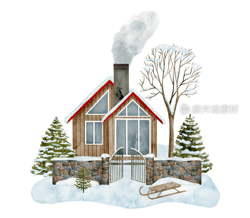 水彩画冬天的房子场景。手绘木屋，烟囱烟，雪堆，石砖墙栅栏，雪杉树孤立在白色背景。圣诞乡村小屋插图。