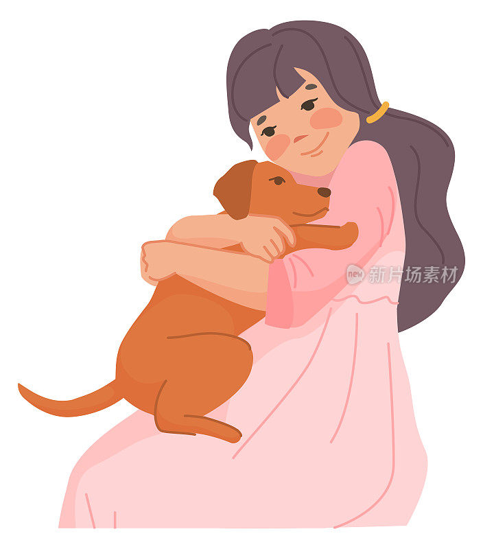 可爱的女孩抱着小狗。小朋友和狗狗隔离在白色上