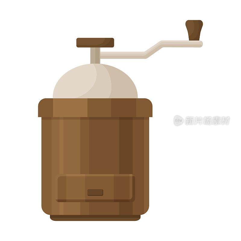 木制咖啡研磨机，用于研磨咖啡豆。矢量插图的现代或复古设备的浓缩咖啡和摩卡饮料