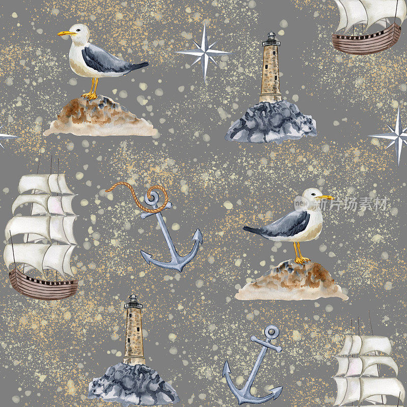 古老的灯塔和古老的帆船无尽的水彩图案。无尽的背景壁纸和织物在米色和灰色舒缓的颜色。男孩旅行设计。