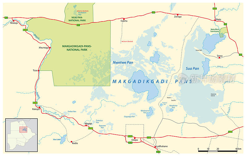 博茨瓦纳东北部Makgadikgadi盐田的矢量图