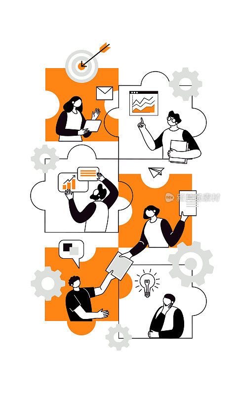 联合团队理念，打造业务团队。工作角色的矢量插图，人们连接拼图碎片。合作和商业伙伴关系的隐喻。