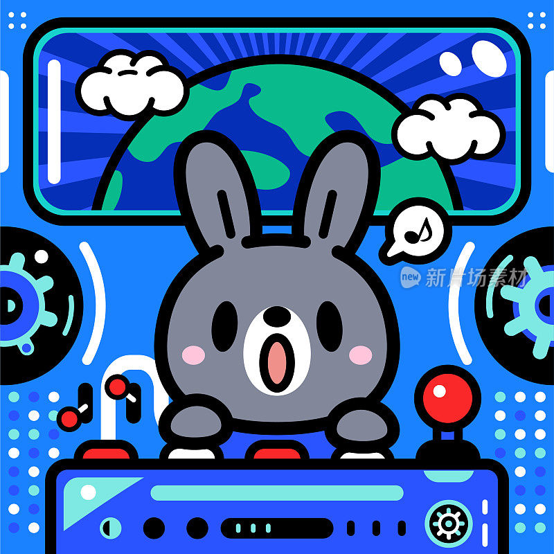 一只可爱的兔子正在驾驶一艘无限动力宇宙飞船，向地球打招呼