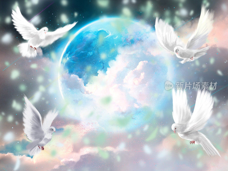 幻想的背景插图，一只白鸽在美丽的云海和蓝色的满月周围飞行