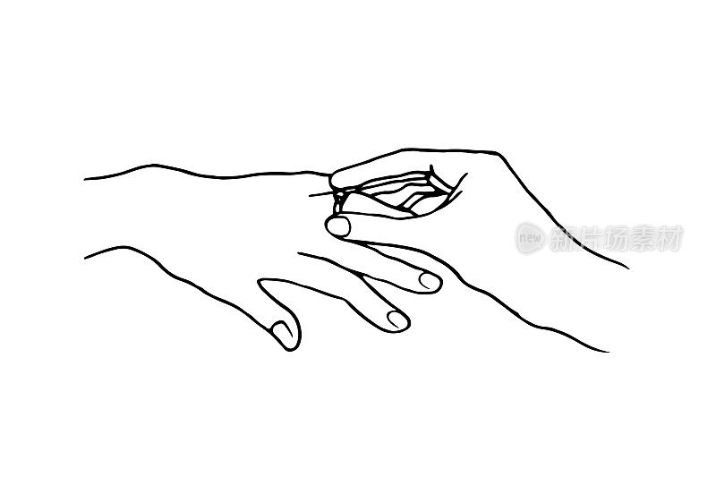 一只手把戒指戴在另一个人的手指上——画一条线。戴上戒指，接受求婚