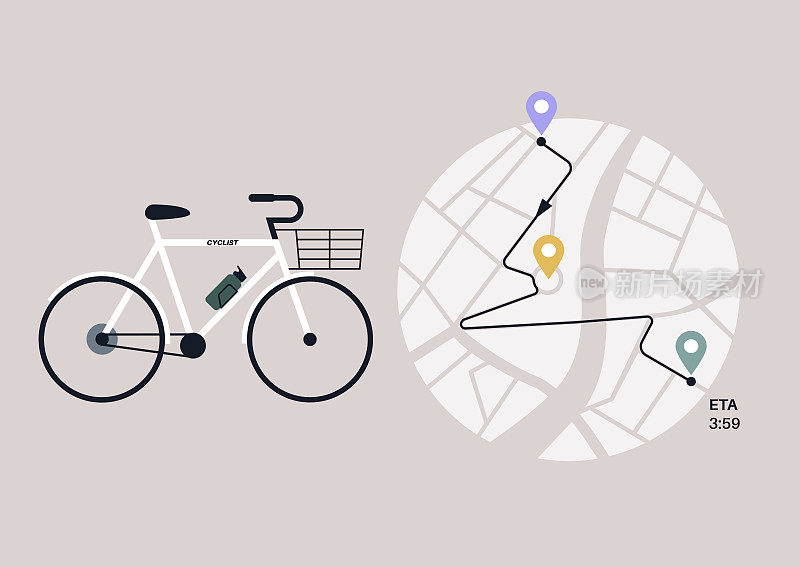 城市地图，标明自行车路线，站点和预计到达时间