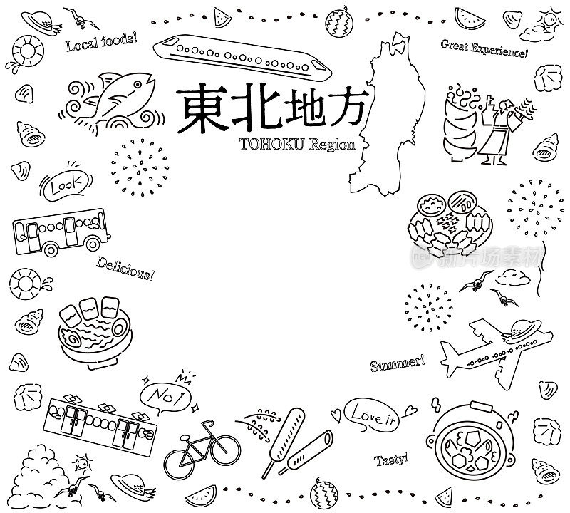 日本东北地区夏季美食旅游标志套装(线条画黑白)