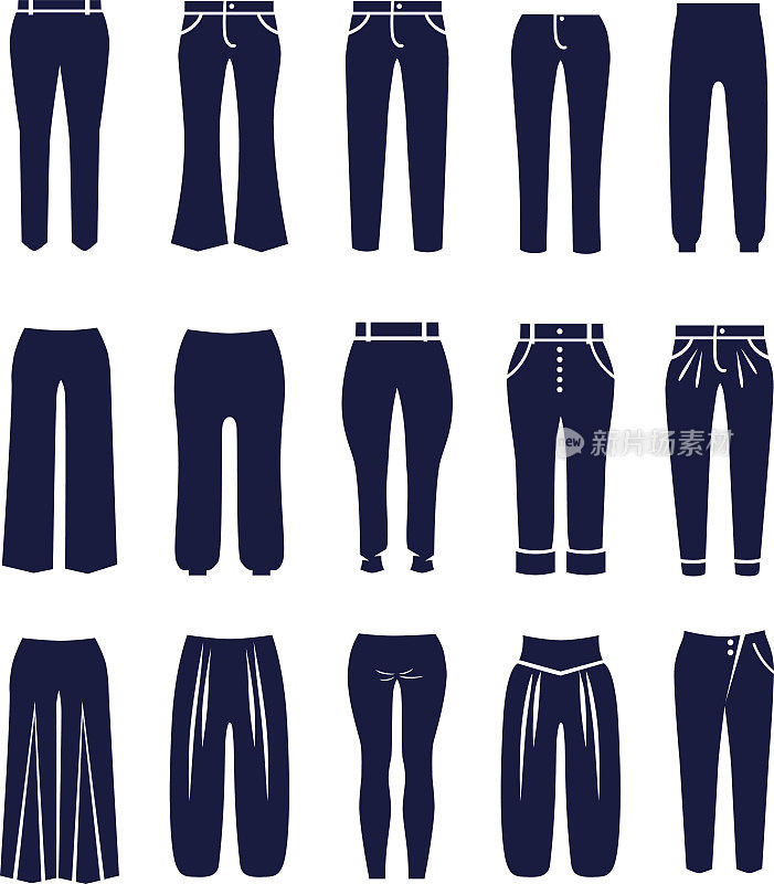 不同类型的女性长裤和长裤