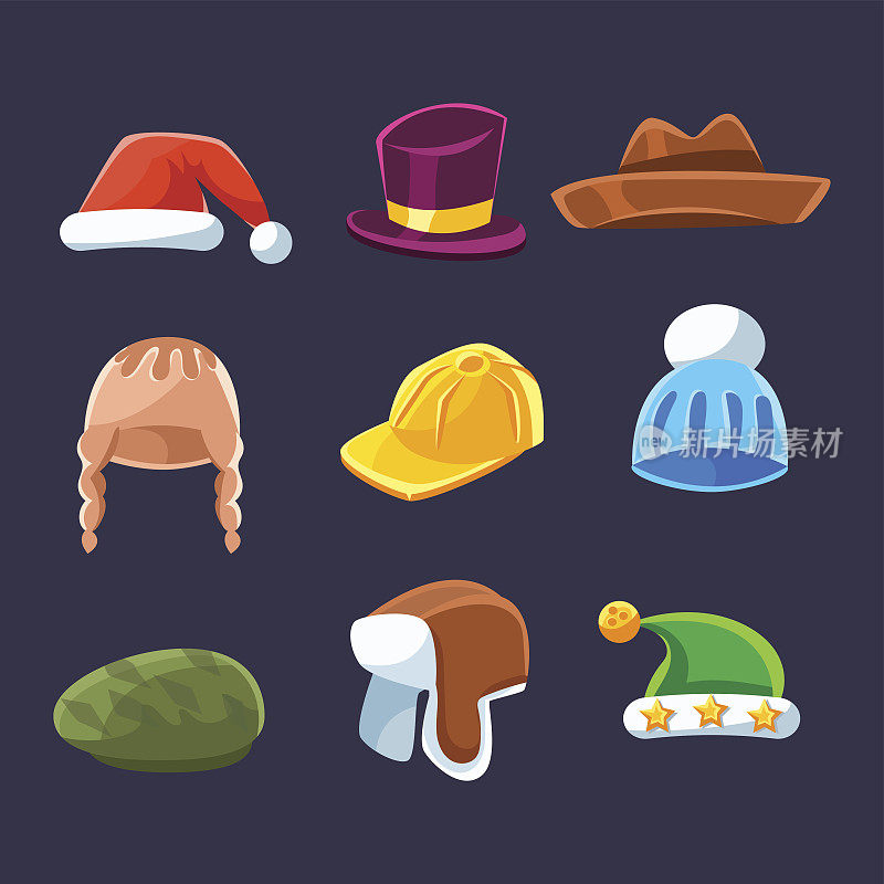 不同类型的帽子和帽子，温暖和Classy的儿童和成人卡通色彩矢量服装项目