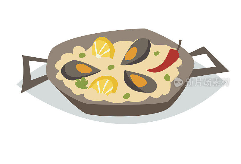 海鲜饭与海鲜矢量插图。传统的西班牙食物