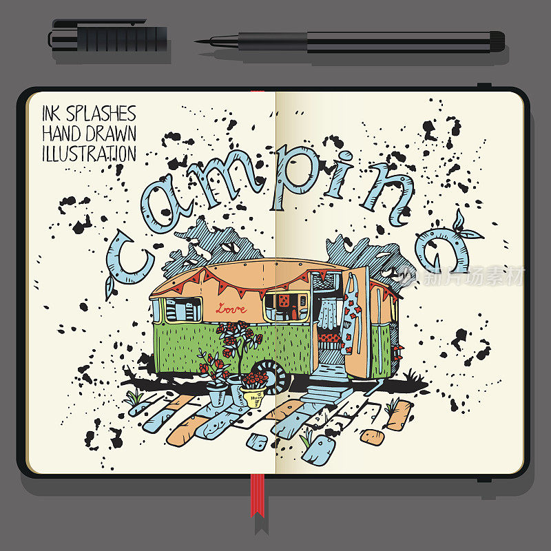 露营车。旅行和娱乐时间概念。矢量笔记本与细眼线笔和手绘涂鸦。