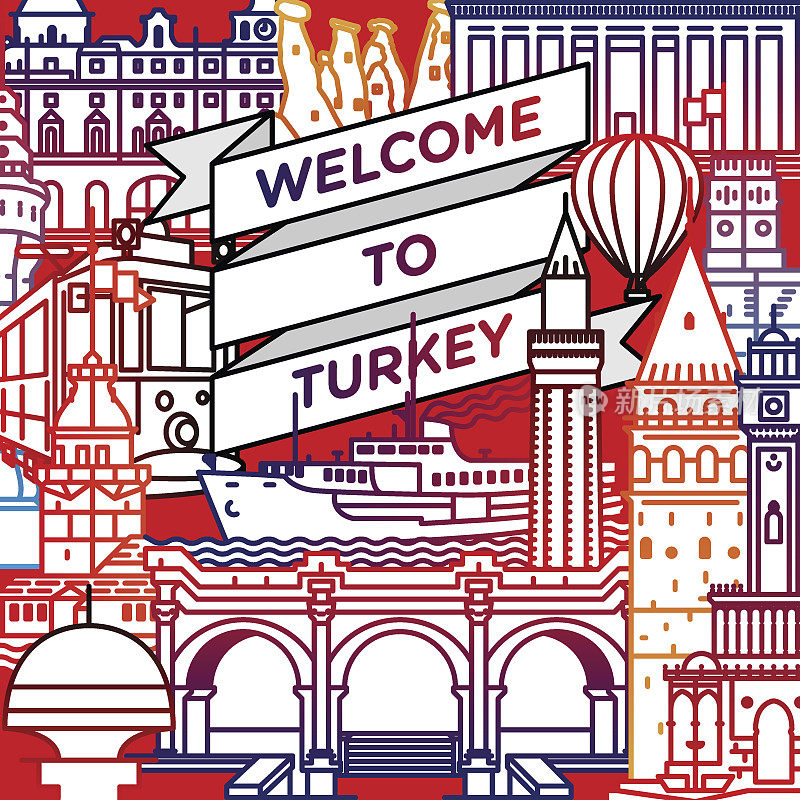 矢量线欢迎到土耳其旅游海报