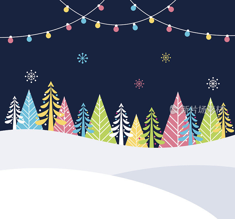 圣诞节和冬季的节日背景与雪，树和圣诞灯。向量海报模板