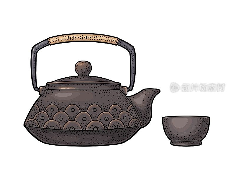 传统的亚洲壶，有图案和杯子。向量的雕刻