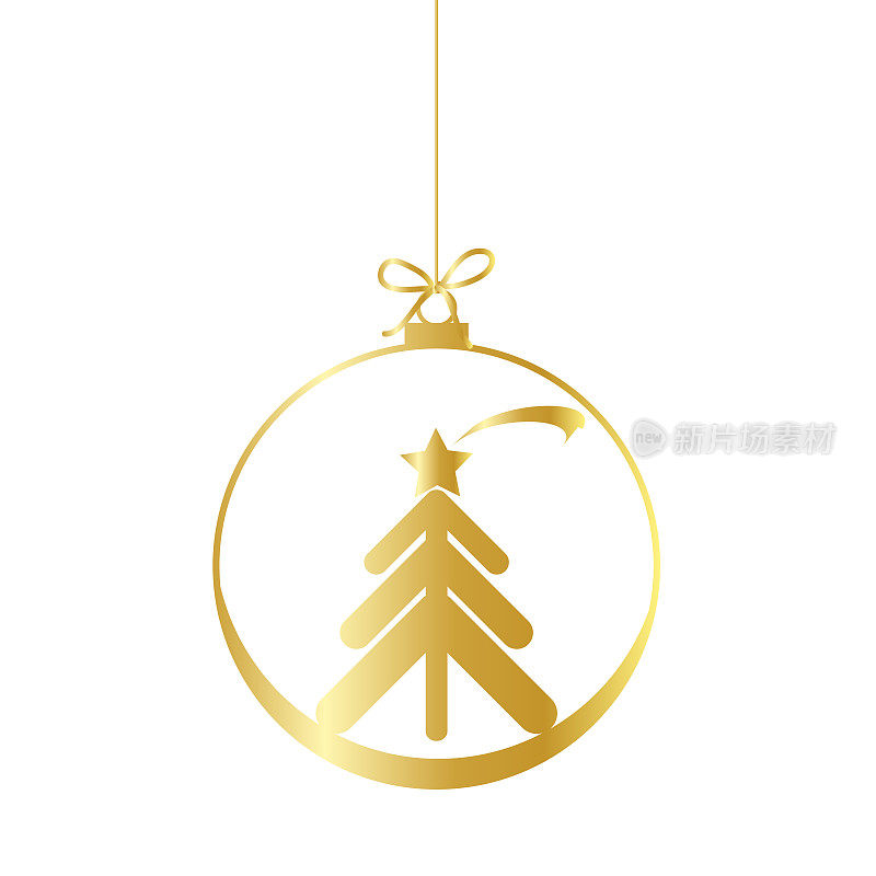 扁平圣诞球与弓剪影图标符号设计。矢量圣诞金宝与树插图孤立在白色的背景