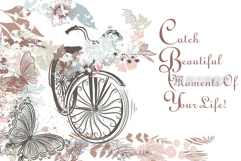 美丽的手绘自行车与蝴蝶和花卉的乡村风格
