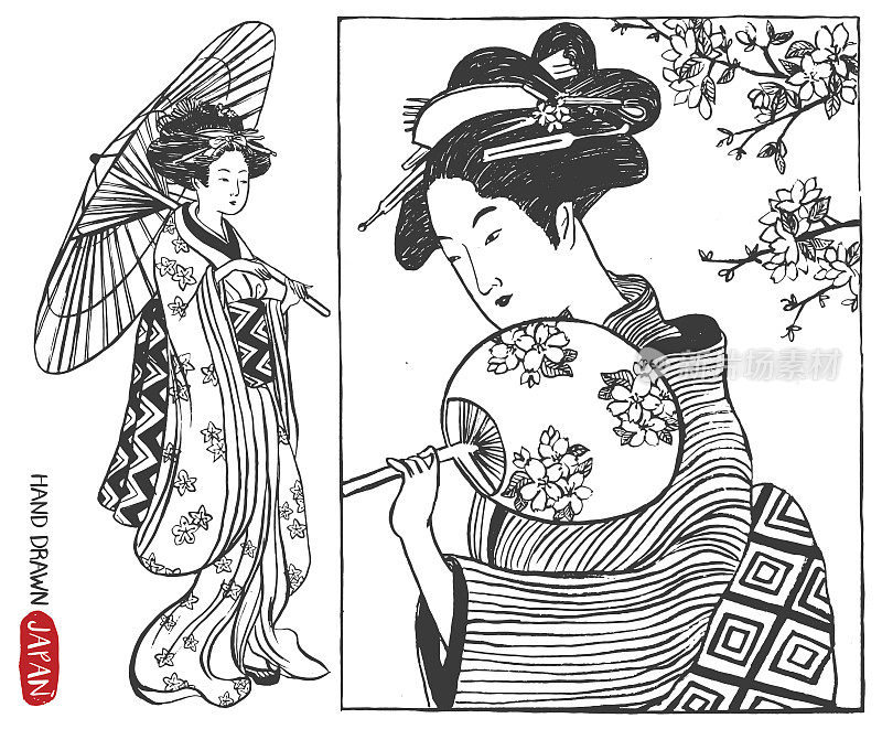 集日本设计元素。艺妓女人插图。手绘矢量插图。