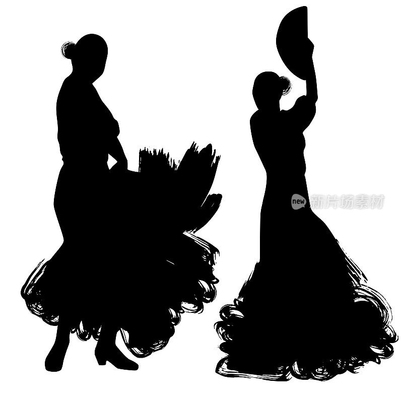 身着扇子长裙的女子摆着跳舞的姿势。弗拉明戈舞者西班牙安达卢西亚地区，埃斯特雷马杜拉穆尔西亚。黑色剪影孤立在白色背景刷轮廓草图。向量