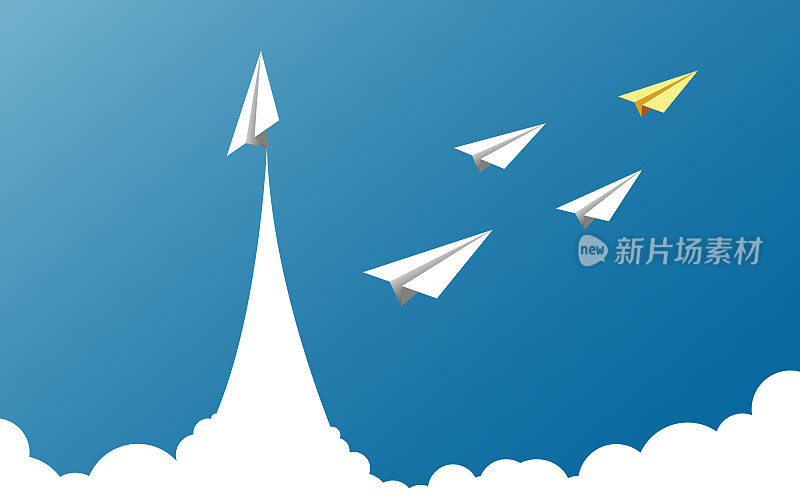 纸飞机作为一架飞机的领导者，在蓝天的背景下领导团队。