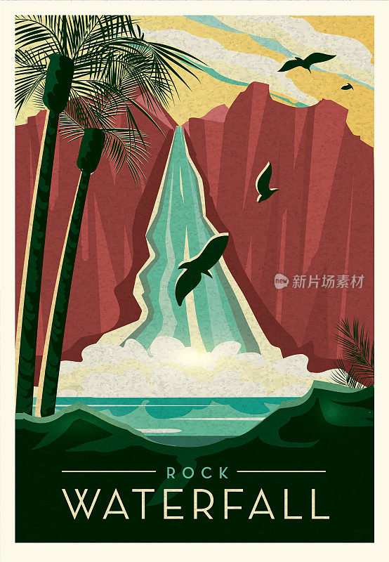 热带岩瀑布与鸟类景观海报设计与文字