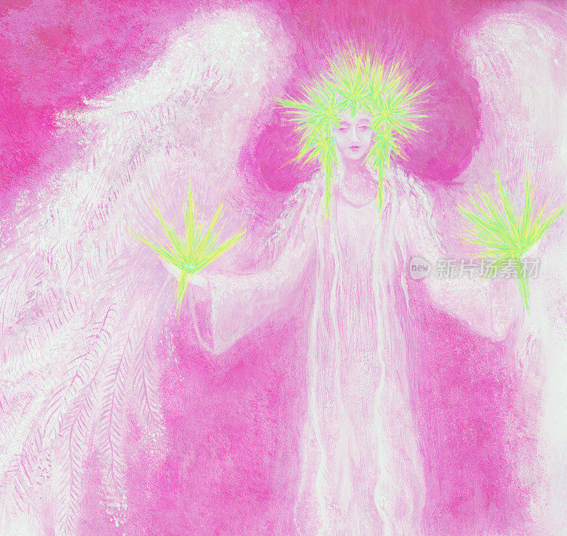 时尚的插图为一个child???的生日现代的艺术作品寓言神圣的宗教绘画壁画我的原始油画在画布上横向肖像阳光温柔的粉红色发光的守护天使的一个孩子在装饰的背景