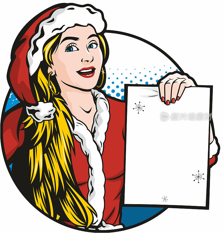 波普艺术插图的一个快乐的圣诞节女人与空白的标志