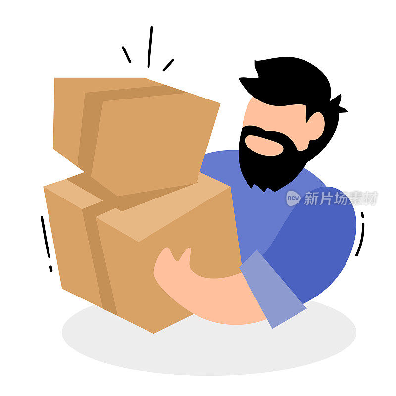 矢量创意插图送货员与胡子和胡子在蓝色制服持有盒子在白色的背景。