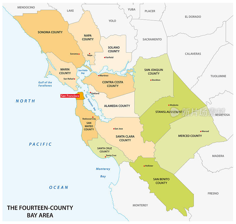 行政地图的加利福尼亚地区旧金山湾区