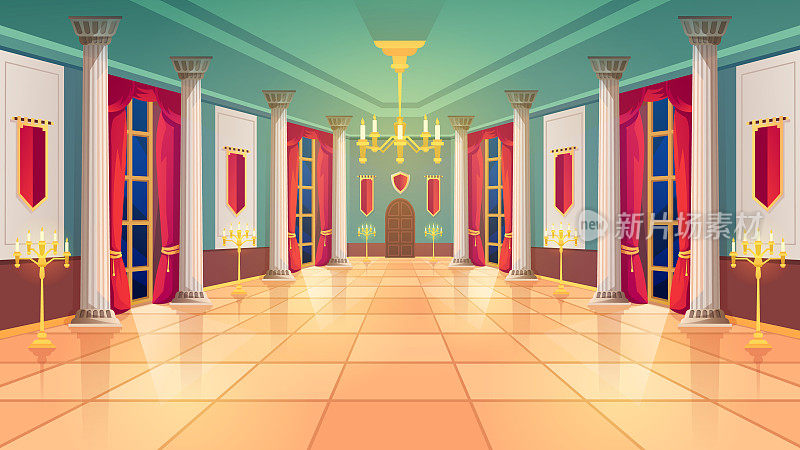 宴会厅，中世纪宫殿房间，皇家城堡内部，矢量背景。豪华内饰的国王宴会厅，大理石柱子和窗帘，金色的烛台和蜡烛，童话般的设计