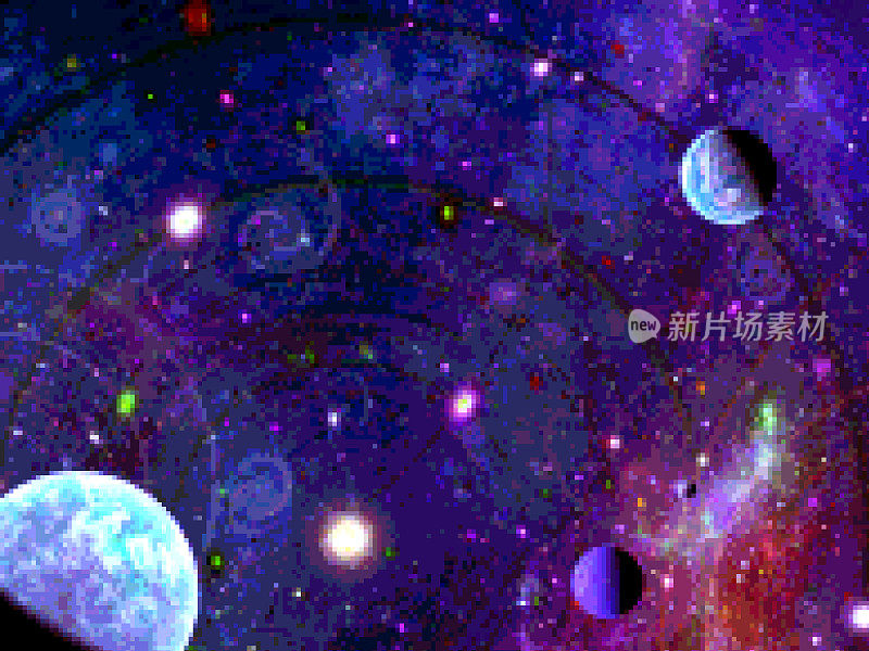 抽象像素插图的外层空间-行星和恒星在空间和他们的轨道。Pixelart。