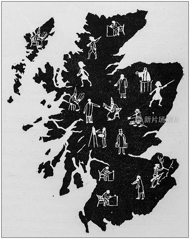 古董插图:苏格兰地图上的人