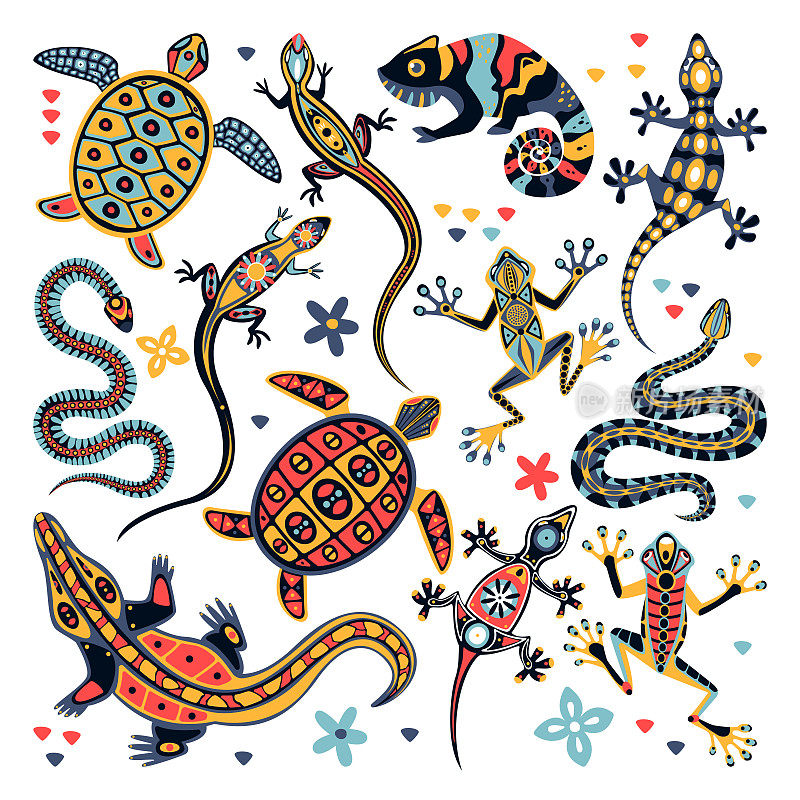 爬行动物矢量图。蜥蜴，变色龙和海龟与阿兹特克部落图案，孤立在白色背景