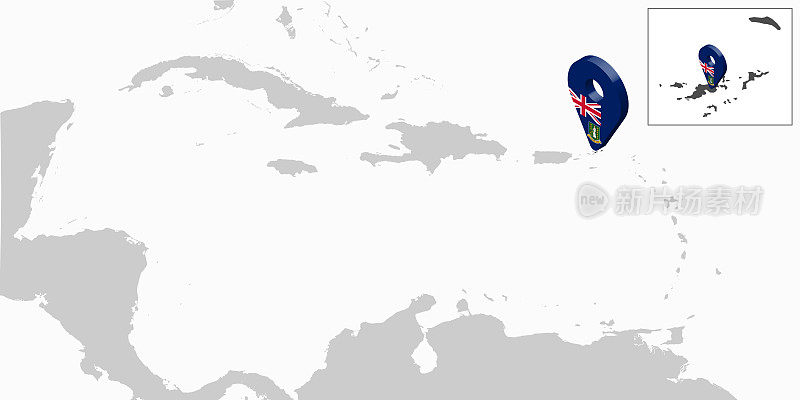 位置地图英属维尔京群岛在地图中美洲。3d英属维尔京群岛旗地图标记位置针。高质量的英属维尔京群岛地图。安的列斯群岛。英国。EPS10。