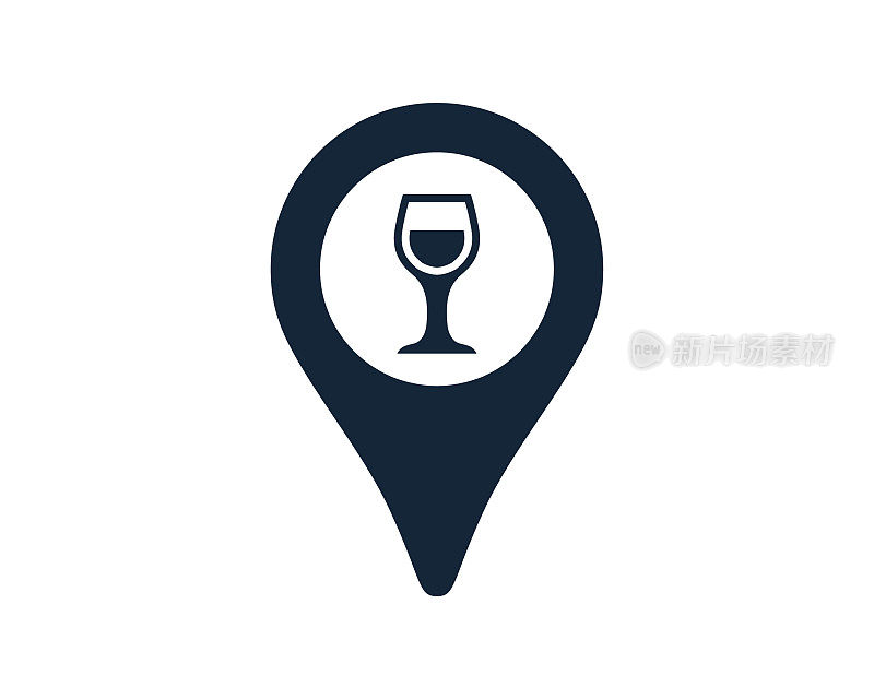 葡萄酒杯与导航位置地图大头针图标矢量插图