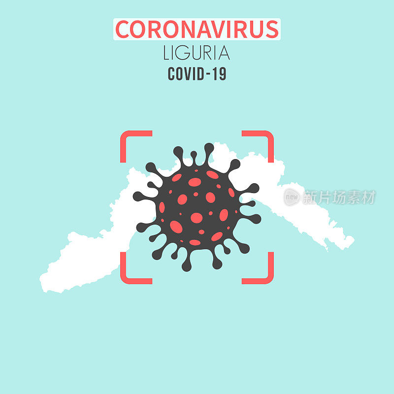 利古里亚地图，红色取景器显示冠状病毒(COVID-19)细胞