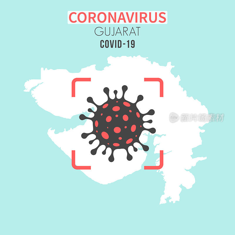 古吉拉特邦地图，红色取景器上有冠状病毒细胞(COVID-19)