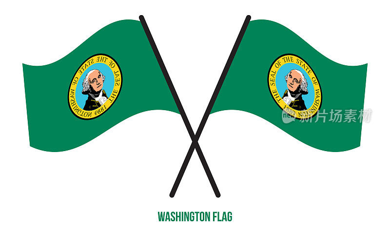 在孤立的白色背景上，两面交叉飘扬的华盛顿国旗。
