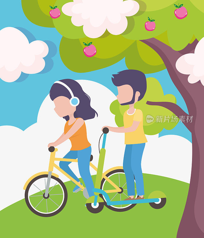 男人骑摩托车，女人戴耳机骑自行车